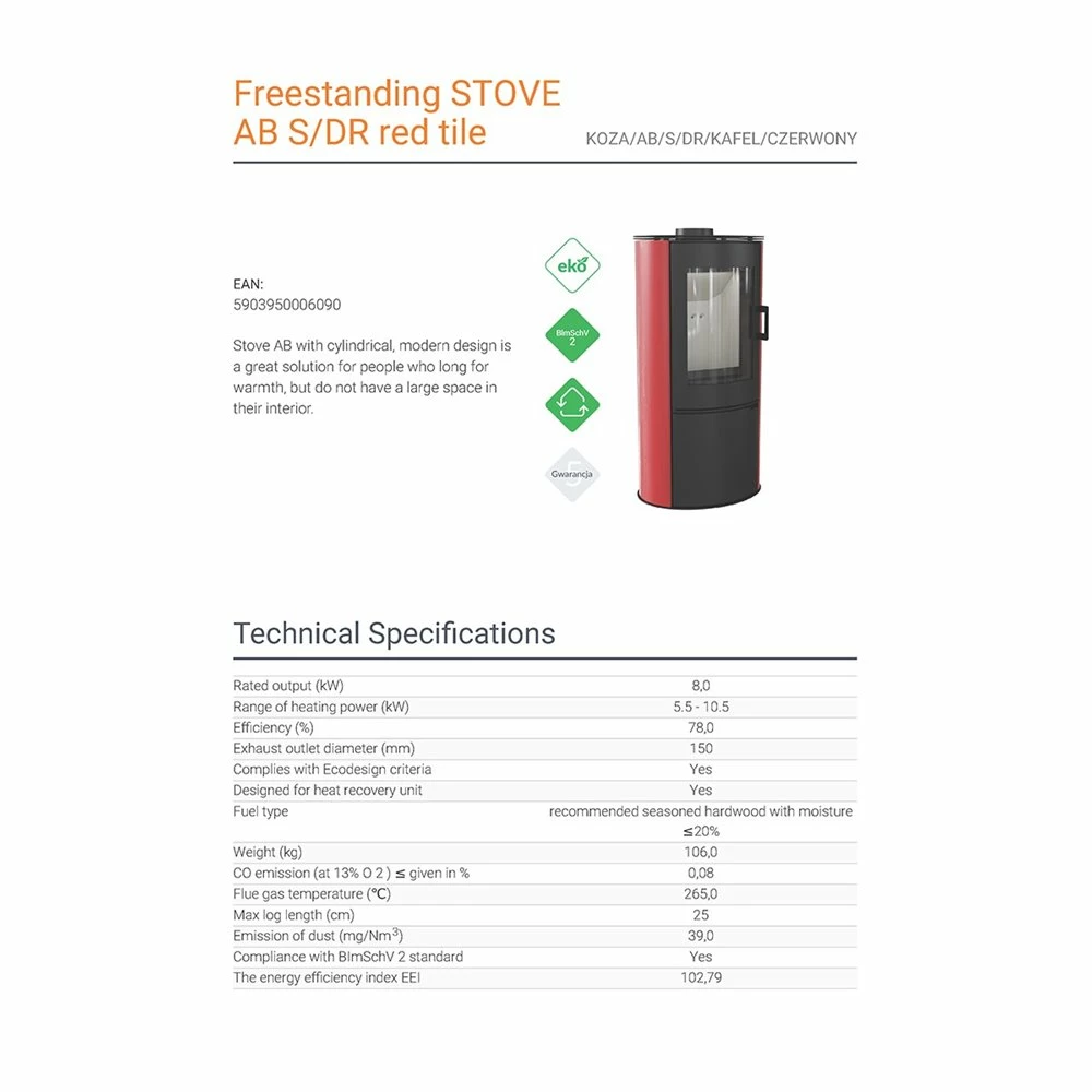Ενεργειακή σόμπα ξύλου με κόκκινη κεραμική επένδυση KRATKI KOZA/AB/S/KAFEL/CZERWONY 8KW / 50-70m2 4 Ενεργειακή σόμπα ξύλου με κόκκινη κεραμική επένδυση KRATKI KOZA/AB/S/KAFEL/CZERWONY 8KW / 50-70m2 - Image 4